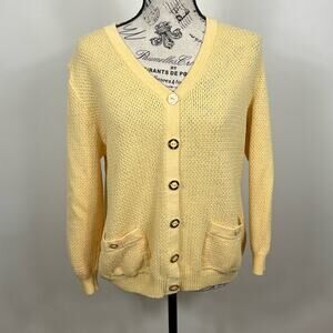 Vintage St. John Sport soft yellow button up knit cardigan sweater with pockets